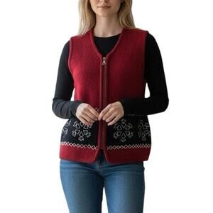 Vintage Red Wool Full Zip Vest Womens Sz Medium Folk Cabincore Heritage Layering